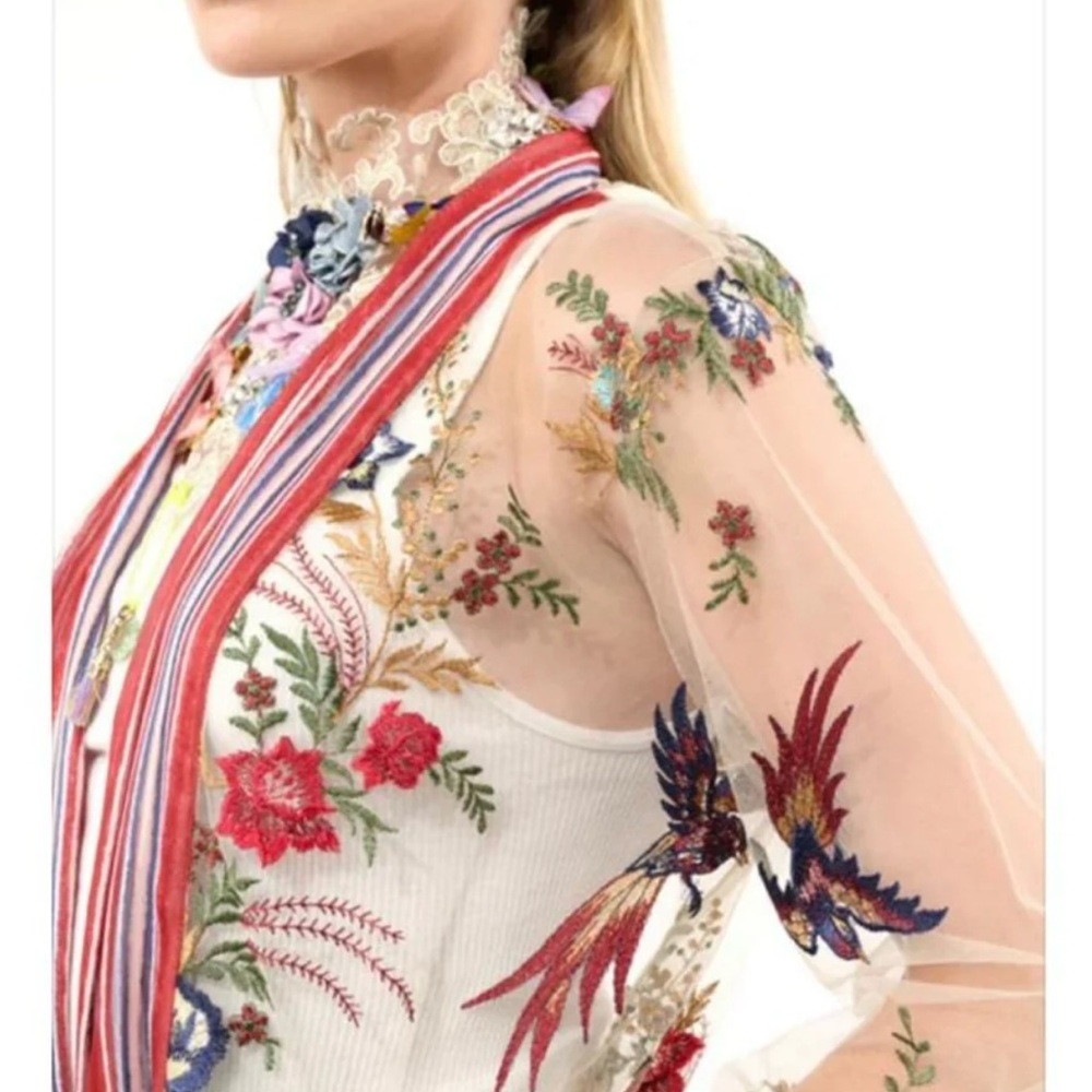 Aratta Sheer Floral Kimono Jade Embroidered Mesh Topper large - Picture 3 of 4